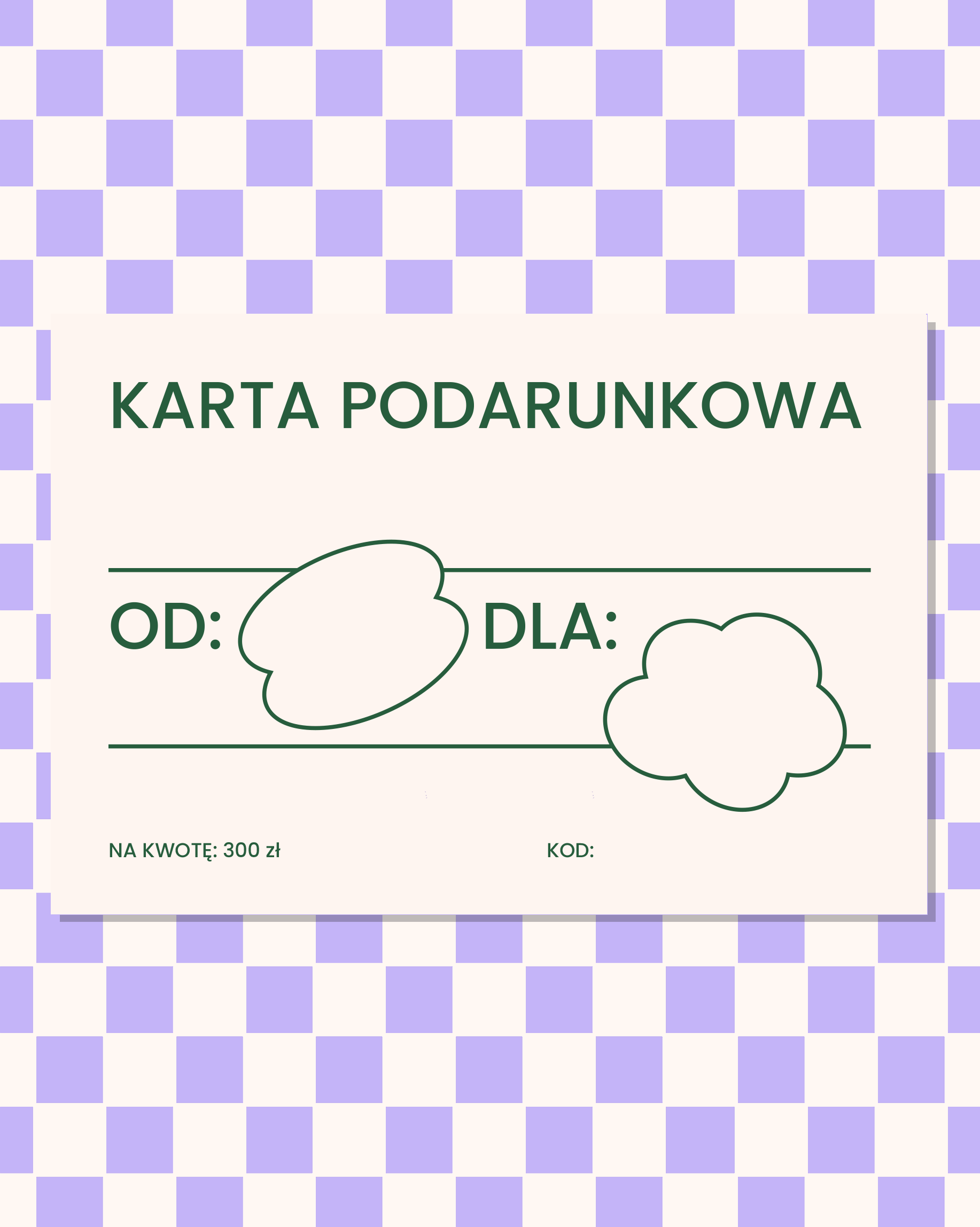 Tył drukowanej, papierowej karty podarunkowej, na kwotę 300 złotych.