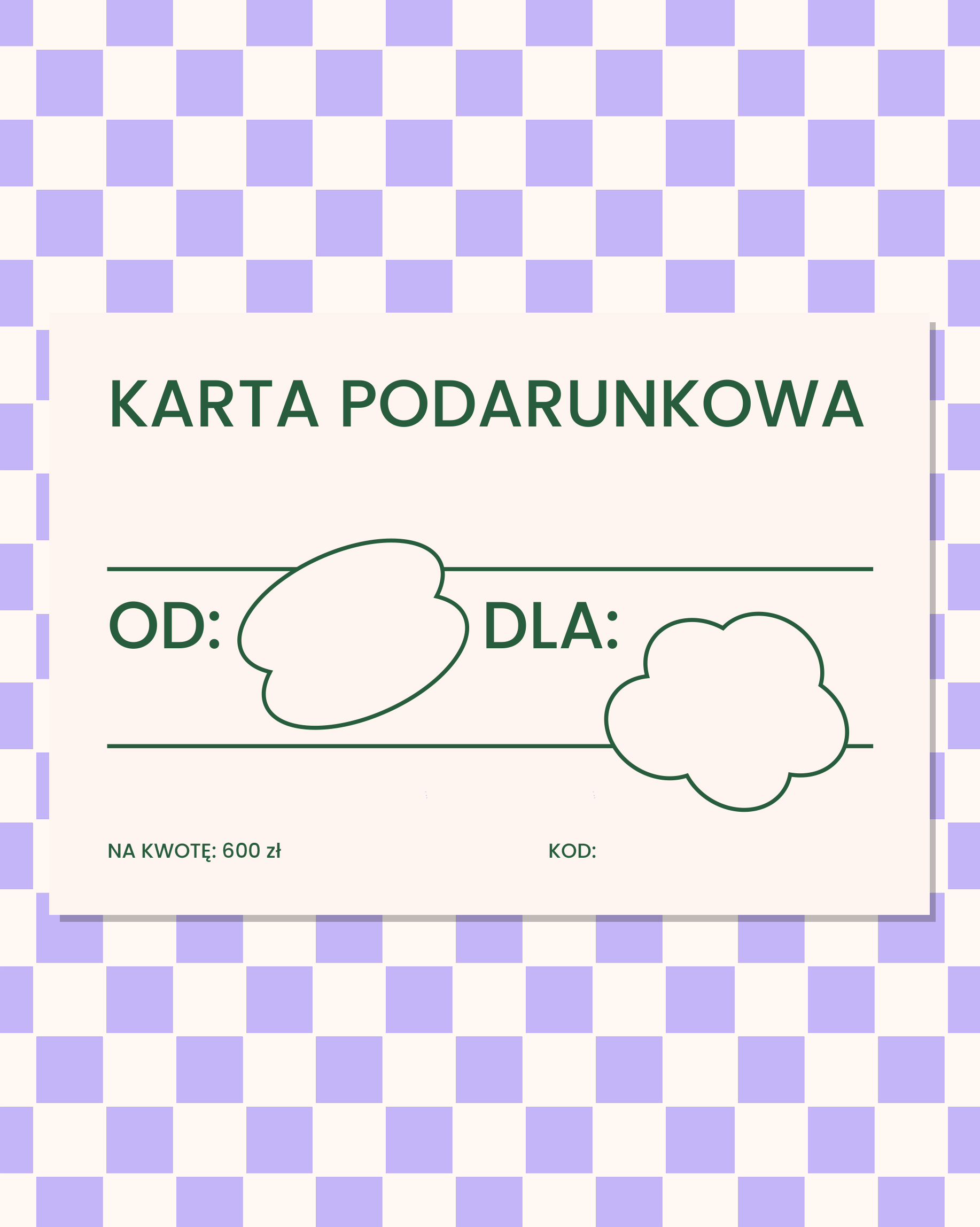 Tył drukowanej, papierowej karty podarunkowej, na kwotę 600 złotych.