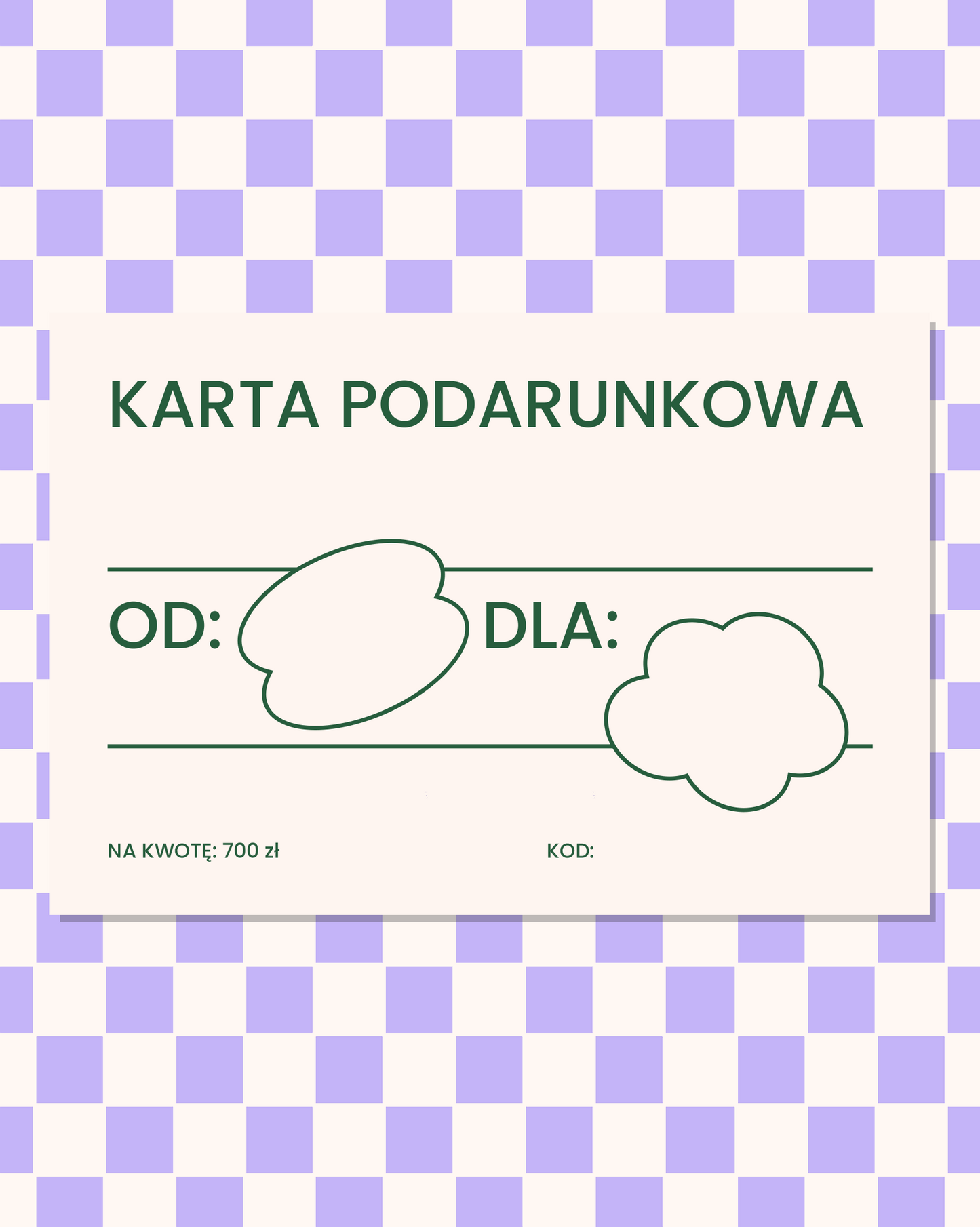 Tył drukowanej, papierowej karty podarunkowej, na kwotę 700 złotych.