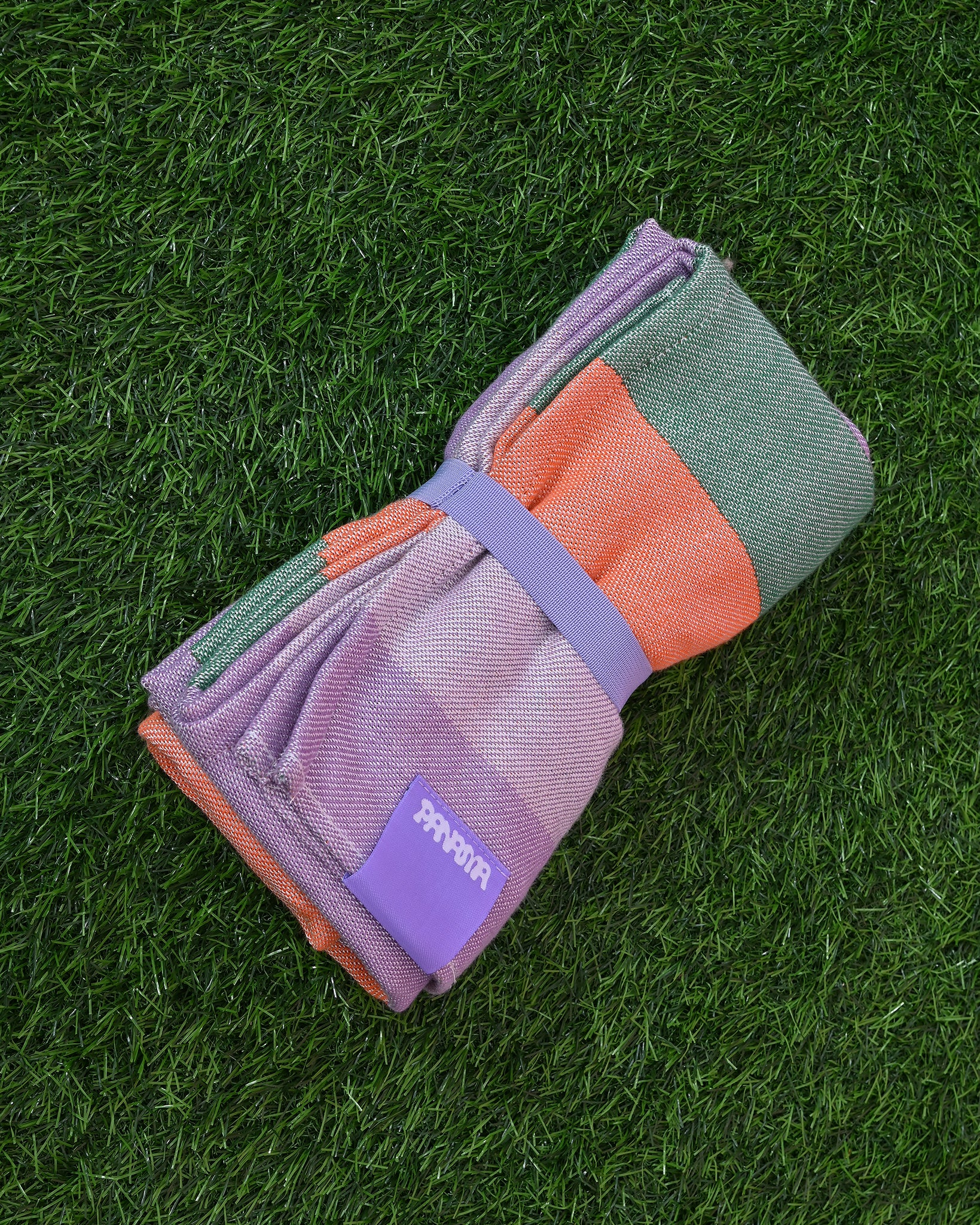 ręcznik żakardowy PORTO w szerokie pasy w 4 kolorach: zielony, pomarańczowy, ciemny i jasny fiolet